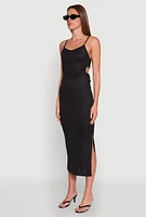 Womens Ribbed Knit Drawstring Cut Out Side Cami Dress,