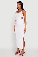 Womens Ribbed Knit Drawstring Cut Out Side Cami Dress, XL