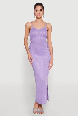 Womens Ribbed Knit Drawstring Cut Out Side Cami Dress,
