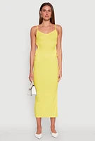 Womens Ribbed Knit Drawstring Cut Out Side Cami Dress, Yellow, Size S