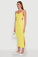 Womens Ribbed Knit Drawstring Cut Out Side Cami Dress, Yellow, Size S