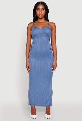 Womens Ribbed Knit Drawstring Cut Out Side Cami Dress,