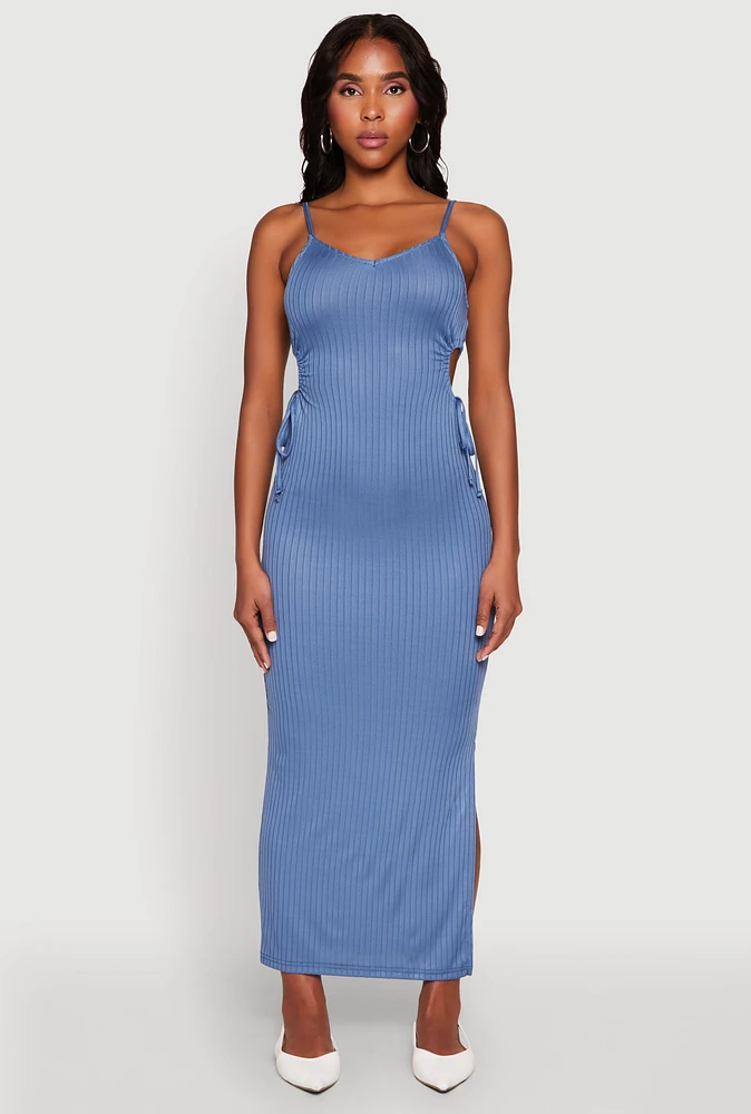 Womens Ribbed Knit Drawstring Cut Out Side Cami Dress, Blue, Size S