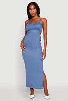 Womens Ribbed Knit Drawstring Cut Out Side Cami Dress, Blue, Size S
