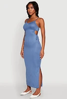 Womens Ribbed Knit Drawstring Cut Out Side Cami Dress, Blue, Size S
