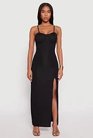 Womens Ribbed Knit Side Slit Bustier Maxi Dress, Black, Size M