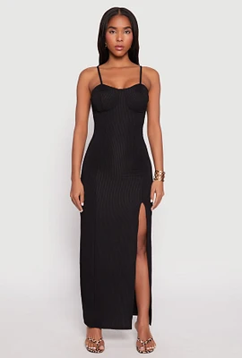 Womens Ribbed Knit Side Slit Bustier Maxi Dress,