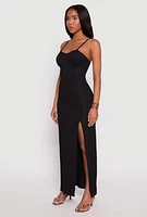 Womens Ribbed Knit Side Slit Bustier Maxi Dress, Black, Size M