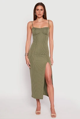 Womens Ribbed Knit Side Slit Bustier Maxi Dress,