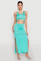 Womens Cut Out Front Side Slit Maxi Dress, L
