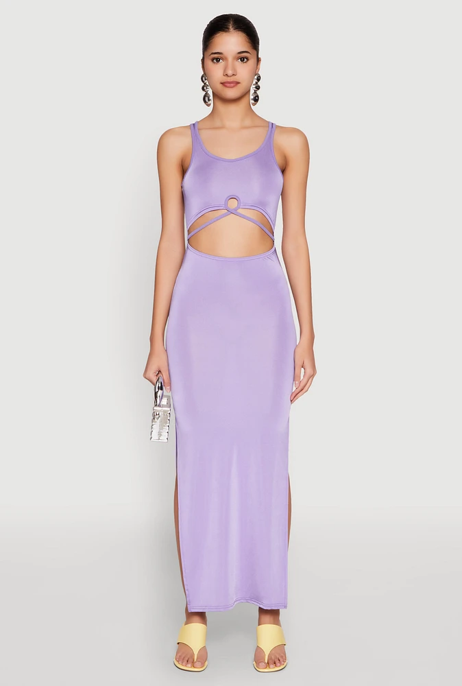 Womens Cut Out Front Side Slit Maxi Dress, Purple, Size M