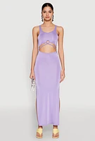 Womens Cut Out Front Side Slit Maxi Dress, Purple, Size M