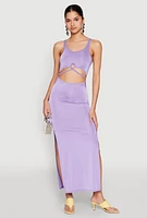Womens Cut Out Front Side Slit Maxi Dress, Purple, Size M