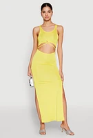 Womens Cut Out Front Side Slit Maxi Dress, Yellow, Size L