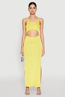 Womens Cut Out Front Side Slit Maxi Dress, Yellow, Size L