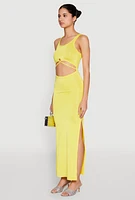 Womens Cut Out Front Side Slit Maxi Dress, Yellow, Size L