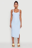 Womens Square Neck Side Slit Tank Dress, Blue, Size L