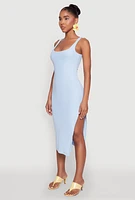 Womens Square Neck Side Slit Tank Dress, Blue, Size L
