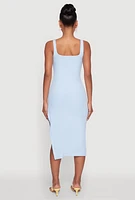 Womens Square Neck Side Slit Tank Dress, Blue, Size L