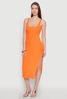 Womens Square Neck Side Slit Tank Dress, Orange, Size S