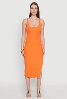 Womens Square Neck Side Slit Tank Dress, Orange, Size S