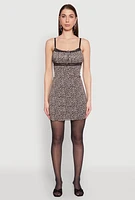 Womens Patterned Mesh Lace Trim Mini Dress, Brown, Size L