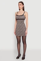 Womens Patterned Mesh Lace Trim Mini Dress, Brown,