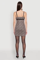 Womens Patterned Mesh Lace Trim Mini Dress, Brown, Size L