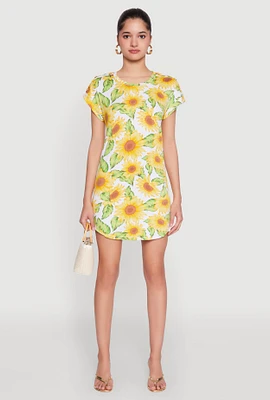 Womens Sunflower Print Shift Dress, Multi, Size L