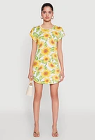 Womens Sunflower Print Shift Dress, Multi, Size L