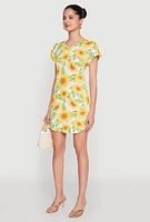 Womens Sunflower Print Shift Dress, Multi, Size L