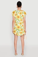 Womens Sunflower Print Shift Dress, Multi, Size L