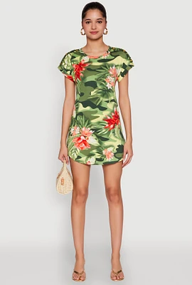 Womens Camo Flower Print Shift Dress, Green, Size XL
