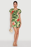 Womens Camo Flower Print Shift Dress, Green, Size XL