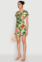 Womens Camo Flower Print Shift Dress, Green, Size XL