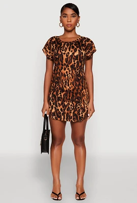 Womens Leopard Print Shift Dress, Brown, Size XL