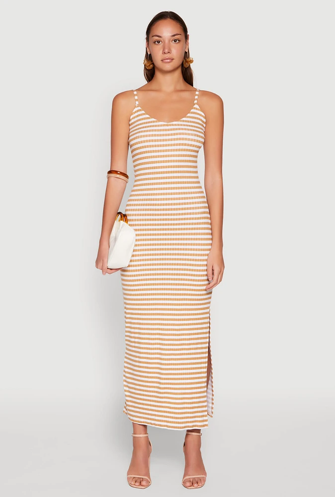 Womens Striped Ribbed Knit Cami Dress, Beige, Size M