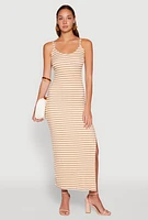 Womens Striped Ribbed Knit Cami Dress, Beige, Size M