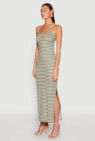 Womens Striped Ribbed Knit Cami Dress, Green, Size XL