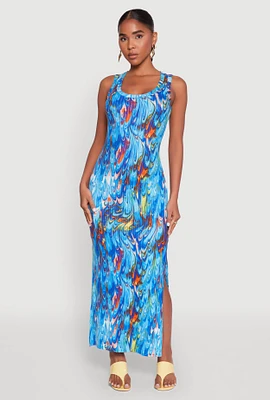 Womens Printed Pattern Maxi Tank Dress, Blue, Size XL