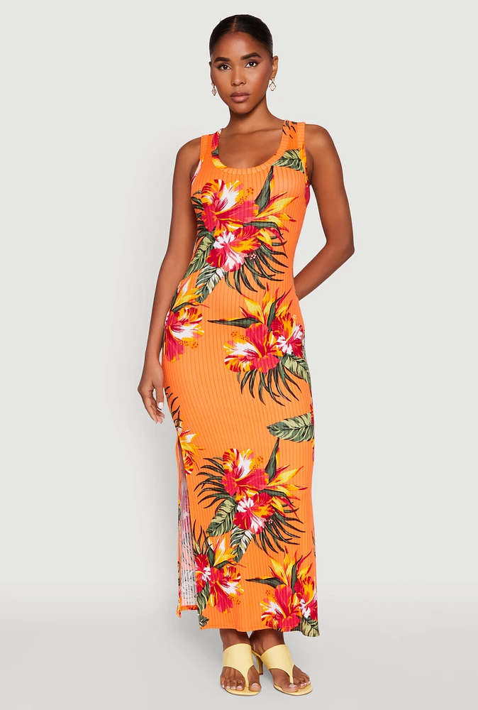 Womens Ribbed Knit Floral Tank Dress, Orange, Size L