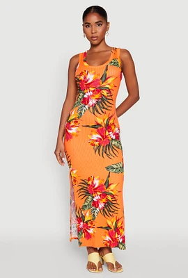 Womens Ribbed Knit Floral Tank Dress, Orange, Size L