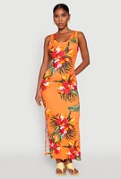 Womens Ribbed Knit Floral Tank Dress, Orange, Size L