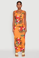 Womens Ribbed Knit Floral Tank Dress, Orange, Size L