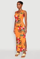 Womens Ribbed Knit Floral Tank Dress, Orange, Size L