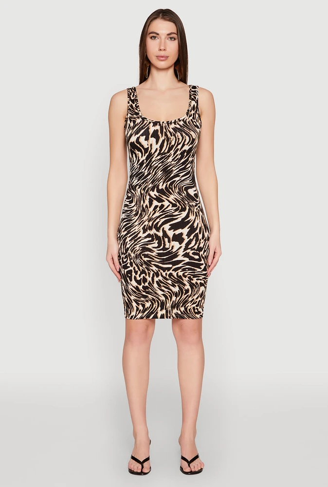Womens Patterned Scoop Neck Tank Dress, Brown, Size L