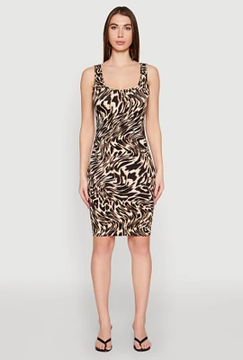 Womens Patterned Scoop Neck Tank Dress, Brown, Size L