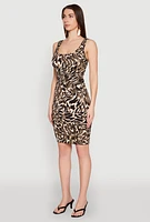 Womens Patterned Scoop Neck Tank Dress, Brown, Size L