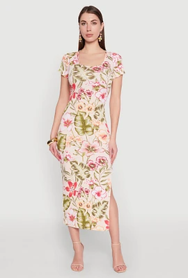 Womens Floral Rib Knit Short Sleeve Midi Dress, Multi, Size L