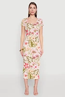 Womens Floral Rib Knit Short Sleeve Midi Dress, Multi, Size L